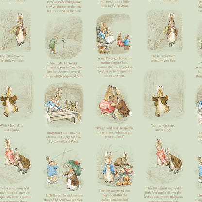 Pattern Story time Green from the The Peter Rabbit™ & Benjamin Bunny™ collection for Riley Blake Designs. This print features a floral lattice with Peter Rabbit, Benjamin Bunny, and friends. Official licensed product. BEATRIX POTTER™. 