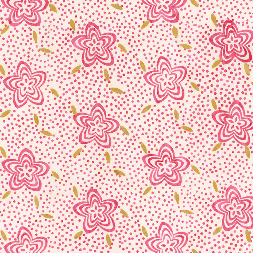 Pattern sugar cookie from The Expressions Batiks - Ink & Nectar collection by Riley Blake Designs features authentic hand-dyed fabrics with double tjap designs. Known for their sophisticated texture, these cotton and rayon prints incorporate small pops of color over diverse background shades. These patterns frequently combine overlapping organic motifs like florals, leaves, and abstract line work onto these base colors.