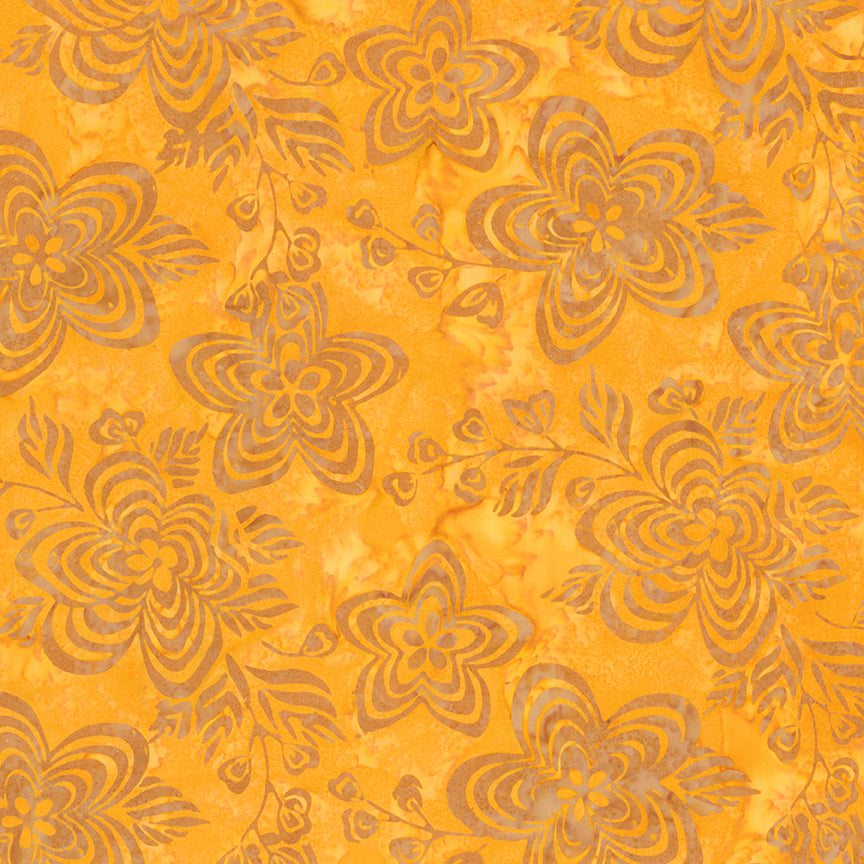 Pattern sunny boy from The Expressions Batiks - Ink & Nectar collection by Riley Blake Designs features authentic hand-dyed fabrics with double tjap designs. Known for their sophisticated texture, these cotton and rayon prints incorporate small pops of color over diverse background shades. These patterns frequently combine overlapping organic motifs like florals, leaves, and abstract line work onto these base colors.
