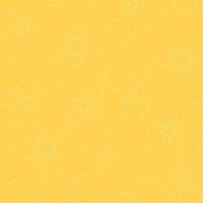 Pattern Sunny Skies: A bright, airy print with whimsical designs of blooming flowers and sunshine, available in aqua blue and yellow from The Sippin' on Sunshine collection by Kimberbell for Maywood Studio celebrates summer with playful picnic and warm-weather motifs. This collection features bright citrus slices, refreshing drinks, gingham checks, and ditsy florals across a vibrant palette of sky blue, lemon yellow, pink, and red.
