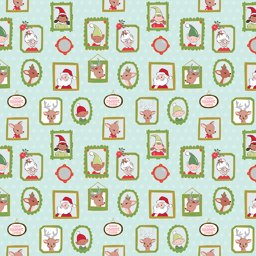 Pattern Wallpaper: A vintage-inspired, retro wallpaper design featuring picture frames in different shapes, background Colors: Blue, Pink, and White. (Includes specialty sparkle) from The Claus & Co. collection by Melissa Mortenson for Riley Blake Designs captures the nostalgic magic of an imagined North Pole. This festive line features whimsical houses, vintage ornaments, poinsettias, and candy canes in a charming storybook color palette.