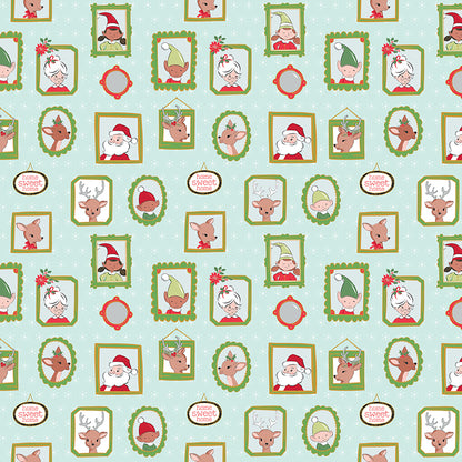 Pattern Wallpaper: A vintage-inspired, retro wallpaper design featuring picture frames in different shapes, background Colors: Blue, Pink, and White. (Includes specialty sparkle) from The Claus & Co. collection by Melissa Mortenson for Riley Blake Designs captures the nostalgic magic of an imagined North Pole. This festive line features whimsical houses, vintage ornaments, poinsettias, and candy canes in a charming storybook color palette.