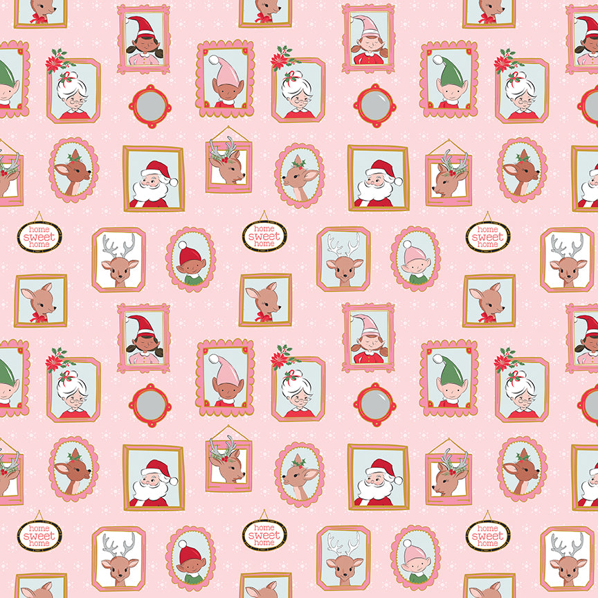Pattern Wallpaper: A vintage-inspired, retro wallpaper design featuring picture frames in different shapes, background Colors: Blue, Pink, and White. (Includes specialty sparkle) from The Claus & Co. collection by Melissa Mortenson for Riley Blake Designs captures the nostalgic magic of an imagined North Pole. This festive line features whimsical houses, vintage ornaments, poinsettias, and candy canes in a charming storybook color palette.