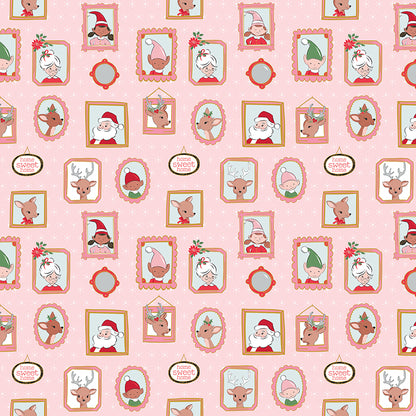 Pattern Wallpaper: A vintage-inspired, retro wallpaper design featuring picture frames in different shapes, background Colors: Blue, Pink, and White. (Includes specialty sparkle) from The Claus & Co. collection by Melissa Mortenson for Riley Blake Designs captures the nostalgic magic of an imagined North Pole. This festive line features whimsical houses, vintage ornaments, poinsettias, and candy canes in a charming storybook color palette.