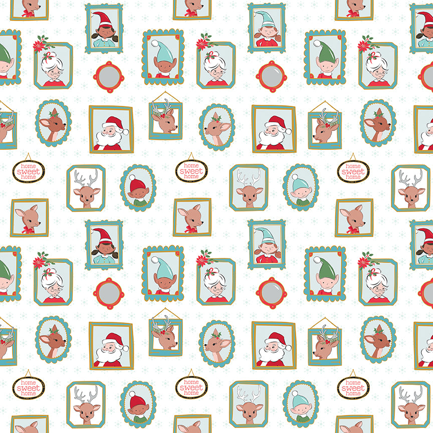 Pattern Wallpaper: A vintage-inspired, retro wallpaper design featuring picture frames in different shapes, background Colors: Blue, Pink, and White. (Includes specialty sparkle) from The Claus & Co. collection by Melissa Mortenson for Riley Blake Designs captures the nostalgic magic of an imagined North Pole. This festive line features whimsical houses, vintage ornaments, poinsettias, and candy canes in a charming storybook color palette.