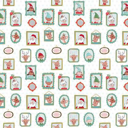 Pattern Wallpaper: A vintage-inspired, retro wallpaper design featuring picture frames in different shapes, background Colors: Blue, Pink, and White. (Includes specialty sparkle) from The Claus & Co. collection by Melissa Mortenson for Riley Blake Designs captures the nostalgic magic of an imagined North Pole. This festive line features whimsical houses, vintage ornaments, poinsettias, and candy canes in a charming storybook color palette.