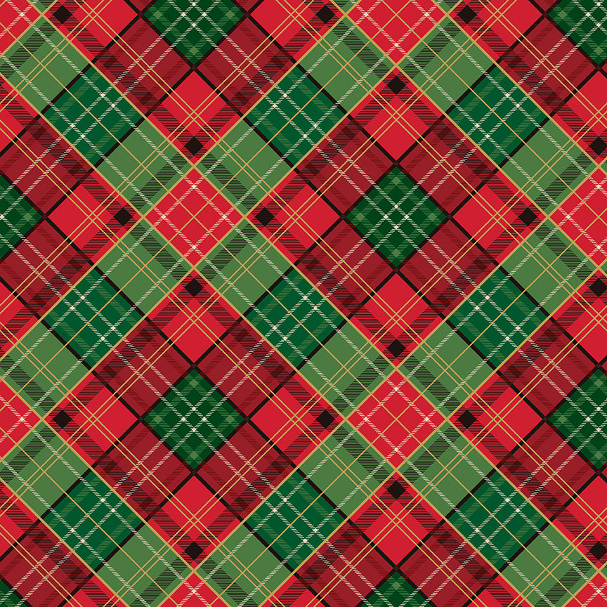 Patterns Plaid Red Green and Multi Foils from the Poinsettias at Christmas collection, designed by Jennifer Bosworth for Riley Blake Designs, is a gorgeous holiday fabric line. It blends traditional Christmas motifs with elegant, shimmering gold metallic foil accents. The 100% cotton fabrics are perfect for heirloom-style holiday quilts, tree skirts, stockings, table runners and so much more.