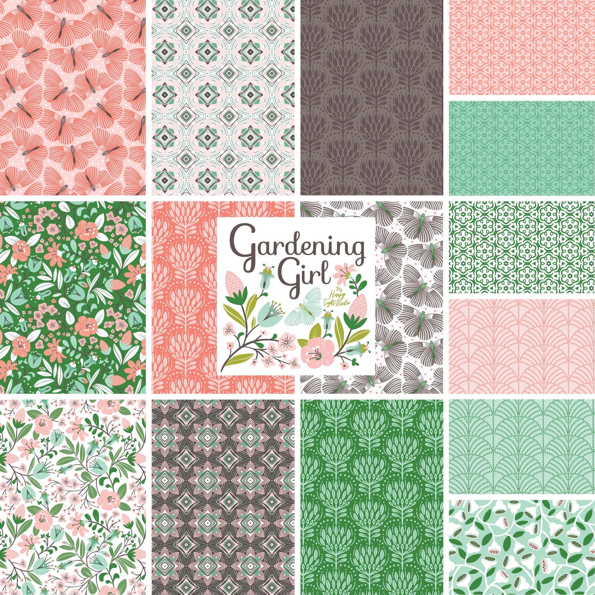 Pattern from  the The Gardening Girl fabric collection by Hang Tight Studio for Cloud9 Fabrics is a 12-piece, 100% organic cotton collection inspired by springtime, blooming flowers, and the joy of gardening. The collection features a modern-yet-timeless aesthetic in a refreshing palette of coral, green, grey, and white.