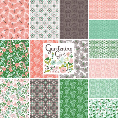 Pattern from  the The Gardening Girl fabric collection by Hang Tight Studio for Cloud9 Fabrics is a 12-piece, 100% organic cotton collection inspired by springtime, blooming flowers, and the joy of gardening. The collection features a modern-yet-timeless aesthetic in a refreshing palette of coral, green, grey, and white.