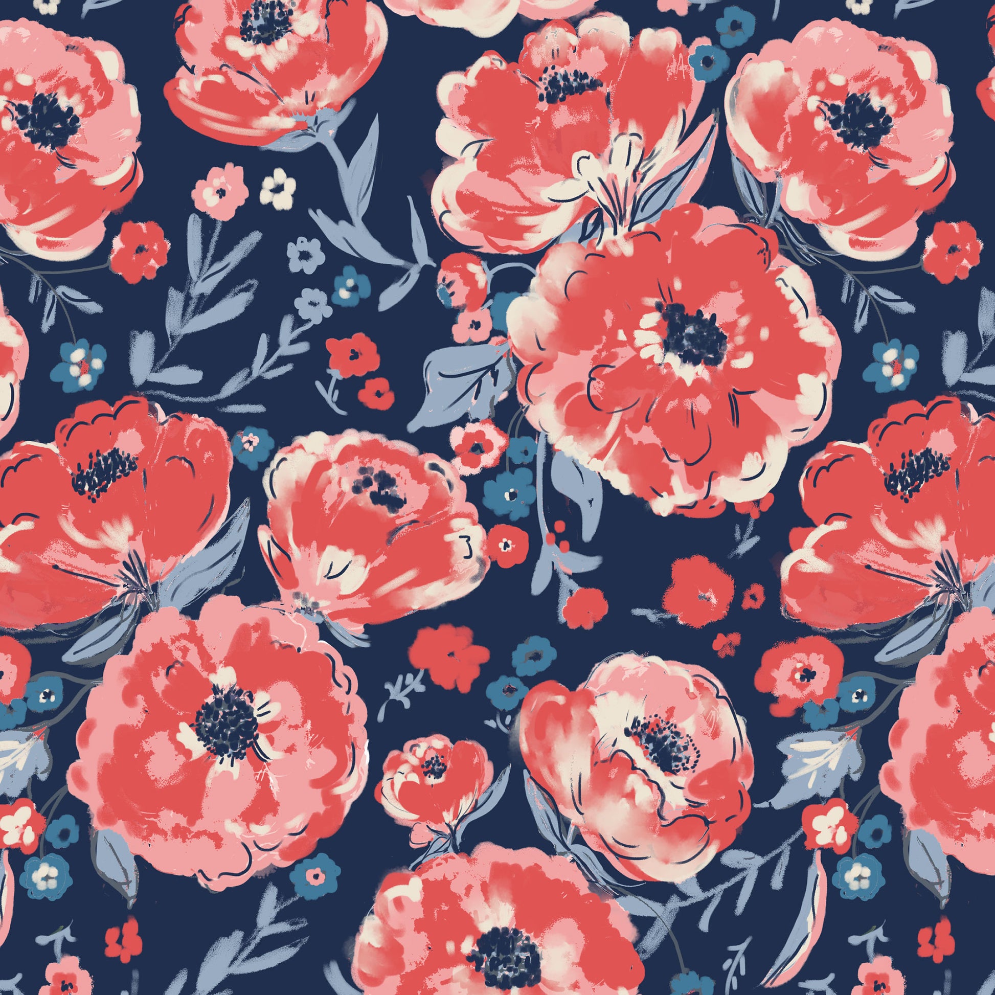 This pattern is peonies from The Jubilant fabric collection, which is a summer-theme inspired by outdoor picnics and vintage celebration. Collection offers color of navy, red, blue, sand, cream with patterns Bold Florals: Inspired by summer gardens and vintage charm. Classic Gingham: Traditional checked patterns suitable for picnic-themed projects. Sweet Cherries: Playful fruit motifs that emphasize the summer theme. Dots and Spots: Geometric accents to complement the larger focal prints.