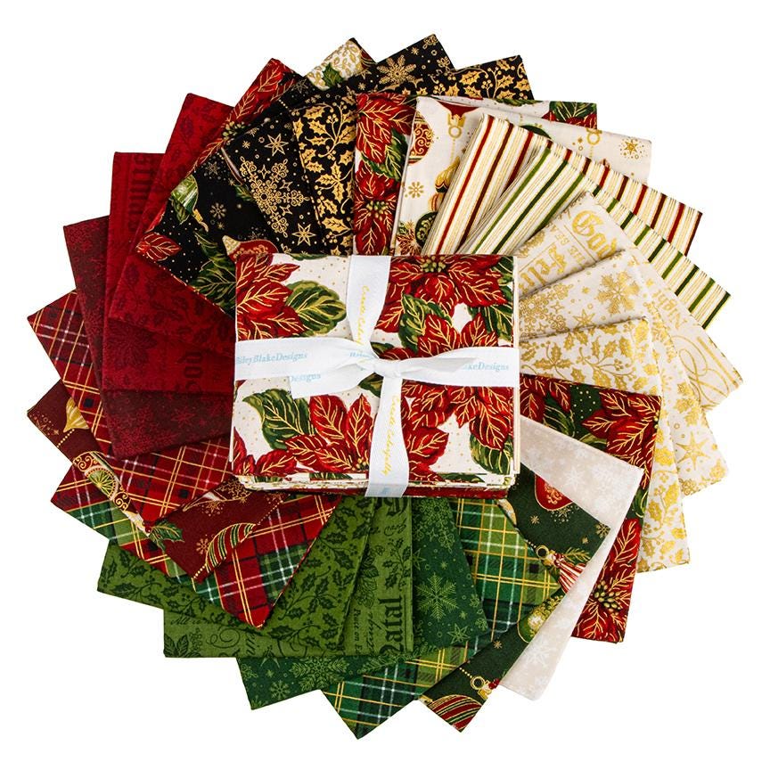 The Poinsettias at Christmas collection, designed by Jennifer Bosworth for Riley Blake Designs, is a gorgeous holiday fabric line. It blends traditional Christmas motifs with elegant, shimmering gold metallic foil accents. The 100% cotton fabrics are perfect for heirloom-style holiday quilts, tree skirts, stockings, table runners and so much more.