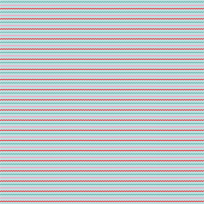 fabric pattern Ric Rac: A playful, zigzag stripe resembling classic ric-rac trim. Available in White, Red, and Aqua colorways  from the The Smitten Chicken collection by Lori Woods for Poppie Cotton is a cheerful, countryside-inspired fabric line. It features a lively color palette of red, pink, aqua, and white. It is ideal for quilts, kitchen projects, tea towels, and aprons