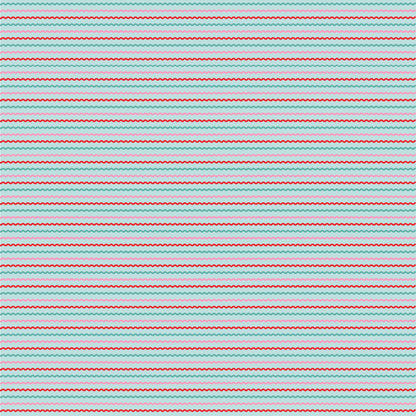 fabric pattern Ric Rac: A playful, zigzag stripe resembling classic ric-rac trim. Available in White, Red, and Aqua colorways  from the The Smitten Chicken collection by Lori Woods for Poppie Cotton is a cheerful, countryside-inspired fabric line. It features a lively color palette of red, pink, aqua, and white. It is ideal for quilts, kitchen projects, tea towels, and aprons