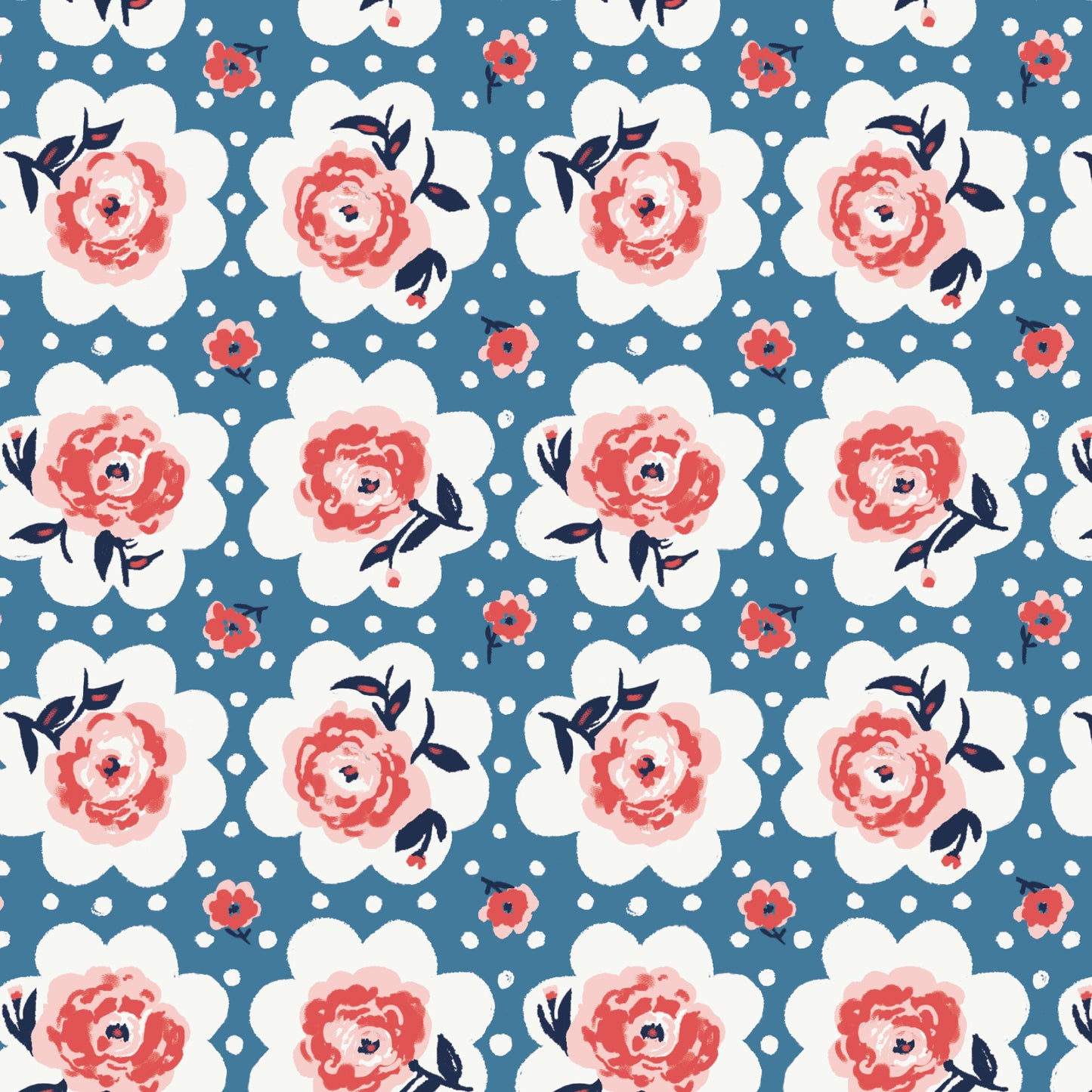 This pattern is roses on doile from The Jubilant fabric collection, which is a summer-theme inspired by outdoor picnics and vintage celebration. Collection offers color of navy, red, blue, sand, cream with patterns Bold Florals: Inspired by summer gardens and vintage charm. Classic Gingham: Traditional checked patterns suitable for picnic-themed projects. Sweet Cherries: Playful fruit motifs that emphasize the summer theme. Dots and Spots: Geometric accents to complement the larger focal prints.