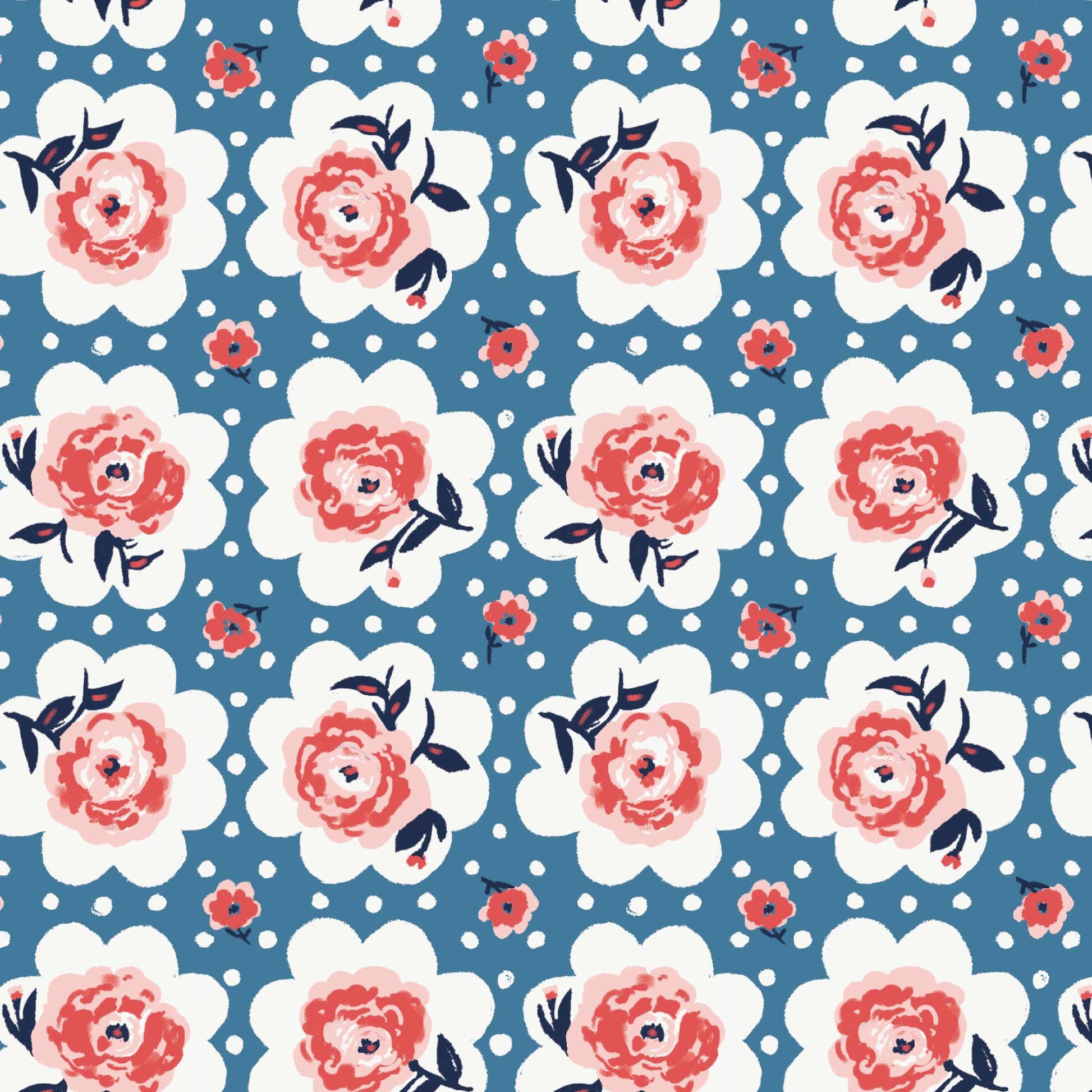 This pattern is roses on doile from The Jubilant fabric collection, which is a summer-theme inspired by outdoor picnics and vintage celebration. Collection offers color of navy, red, blue, sand, cream with patterns Bold Florals: Inspired by summer gardens and vintage charm. Classic Gingham: Traditional checked patterns suitable for picnic-themed projects. Sweet Cherries: Playful fruit motifs that emphasize the summer theme. Dots and Spots: Geometric accents to complement the larger focal prints.