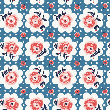 This pattern is roses on doile from The Jubilant fabric collection, which is a summer-theme inspired by outdoor picnics and vintage celebration. Collection offers color of navy, red, blue, sand, cream with patterns Bold Florals: Inspired by summer gardens and vintage charm. Classic Gingham: Traditional checked patterns suitable for picnic-themed projects. Sweet Cherries: Playful fruit motifs that emphasize the summer theme. Dots and Spots: Geometric accents to complement the larger focal prints.
