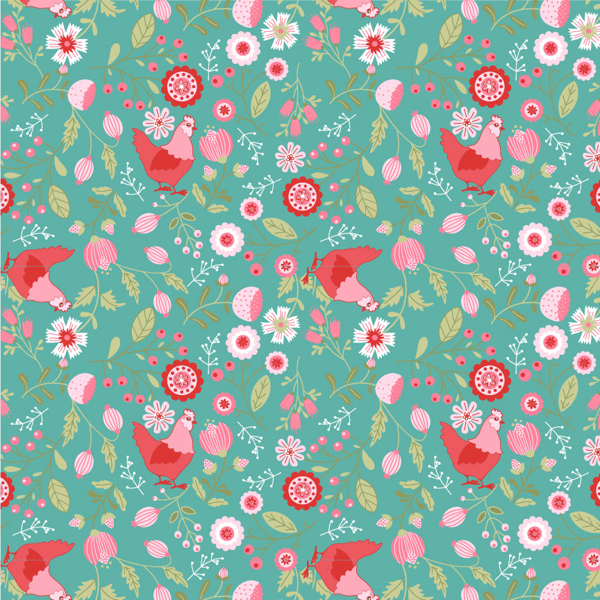 Fabric pattern Smitten Chicken Main: The signature namesake print featuring cheerful hens. Available in Pink White and Aqua backgrounds, from The Smitten Chicken collection by Lori Woods for Poppie Cotton is a cheerful, countryside-inspired fabric line. It features a lively color palette of red, pink, aqua, and white. It is ideal for quilts, kitchen projects, tea towels, and aprons.
