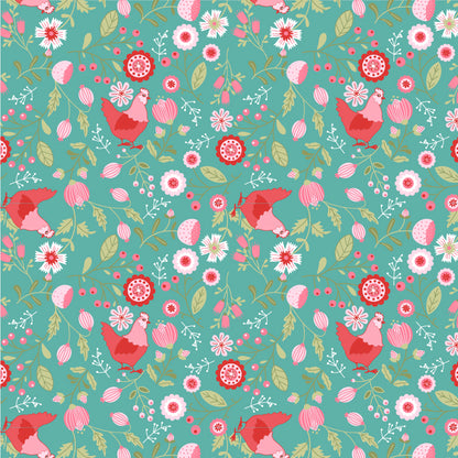 Fabric pattern Smitten Chicken Main: The signature namesake print featuring cheerful hens. Available in Pink White and Aqua backgrounds, from The Smitten Chicken collection by Lori Woods for Poppie Cotton is a cheerful, countryside-inspired fabric line. It features a lively color palette of red, pink, aqua, and white. It is ideal for quilts, kitchen projects, tea towels, and aprons.