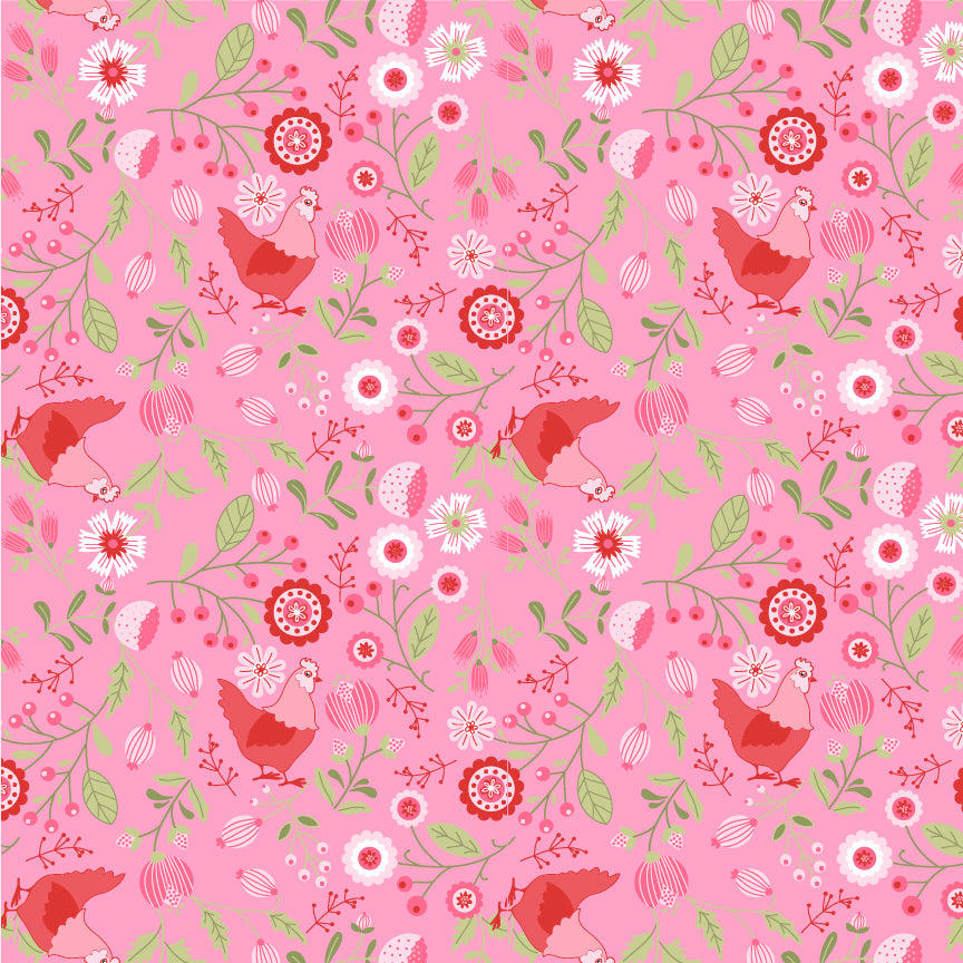 Fabric pattern Smitten Chicken Main: The signature namesake print featuring cheerful hens. Available in Pink White and Aqua backgrounds, from The Smitten Chicken collection by Lori Woods for Poppie Cotton is a cheerful, countryside-inspired fabric line. It features a lively color palette of red, pink, aqua, and white. It is ideal for quilts, kitchen projects, tea towels, and aprons.