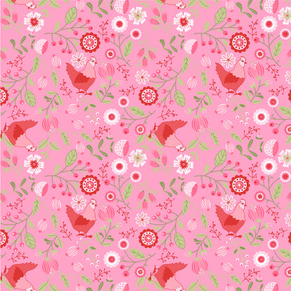 Fabric pattern Smitten Chicken Main: The signature namesake print featuring cheerful hens. Available in Pink White and Aqua backgrounds, from The Smitten Chicken collection by Lori Woods for Poppie Cotton is a cheerful, countryside-inspired fabric line. It features a lively color palette of red, pink, aqua, and white. It is ideal for quilts, kitchen projects, tea towels, and aprons.