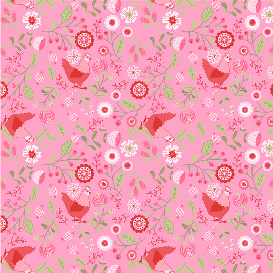 Fabric pattern Smitten Chicken Main: The signature namesake print featuring cheerful hens. Available in Pink White and Aqua backgrounds, from The Smitten Chicken collection by Lori Woods for Poppie Cotton is a cheerful, countryside-inspired fabric line. It features a lively color palette of red, pink, aqua, and white. It is ideal for quilts, kitchen projects, tea towels, and aprons.
