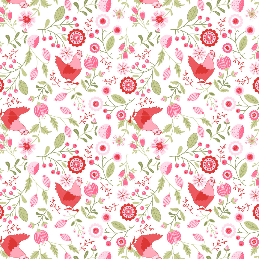 Fabric pattern Smitten Chicken Main: The signature namesake print featuring cheerful hens. Available in Pink White and Aqua backgrounds, from The Smitten Chicken collection by Lori Woods for Poppie Cotton is a cheerful, countryside-inspired fabric line. It features a lively color palette of red, pink, aqua, and white. It is ideal for quilts, kitchen projects, tea towels, and aprons.