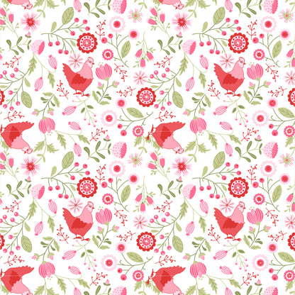 Fabric pattern Smitten Chicken Main: The signature namesake print featuring cheerful hens. Available in Pink White and Aqua backgrounds, from The Smitten Chicken collection by Lori Woods for Poppie Cotton is a cheerful, countryside-inspired fabric line. It features a lively color palette of red, pink, aqua, and white. It is ideal for quilts, kitchen projects, tea towels, and aprons.