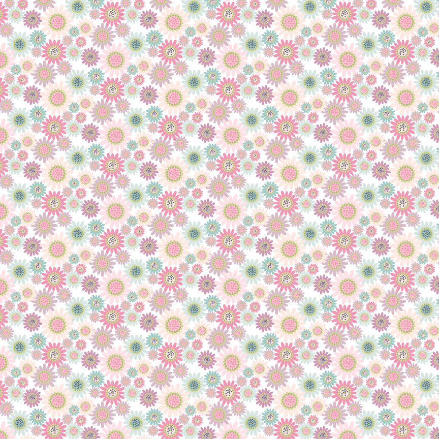 Fabric Pattern Sunny Daisies White: Features delicate, cheerful daisy motifs, providing a soft contrast to the larger floral prints from collection Le Petit Escargot by Lori Woods for Poppie Cotton which is a storybook-themed collection featuring a charming, romantic aesthetic with soft florals, whimsical snails, and delicate geometric prints in shades of pink, teal, blue, lilac, green, and grey. The collection consists of 7 main designs across 3 colorways, including a "cheater panel".