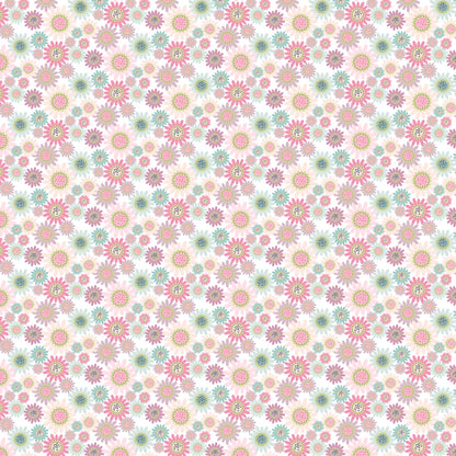 Fabric Pattern Sunny Daisies White: Features delicate, cheerful daisy motifs, providing a soft contrast to the larger floral prints from collection Le Petit Escargot by Lori Woods for Poppie Cotton which is a storybook-themed collection featuring a charming, romantic aesthetic with soft florals, whimsical snails, and delicate geometric prints in shades of pink, teal, blue, lilac, green, and grey. The collection consists of 7 main designs across 3 colorways, including a "cheater panel".