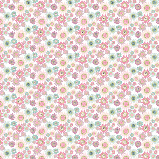 Fabric Pattern Sunny Daisies White: Features delicate, cheerful daisy motifs, providing a soft contrast to the larger floral prints from collection Le Petit Escargot by Lori Woods for Poppie Cotton which is a storybook-themed collection featuring a charming, romantic aesthetic with soft florals, whimsical snails, and delicate geometric prints in shades of pink, teal, blue, lilac, green, and grey. The collection consists of 7 main designs across 3 colorways, including a "cheater panel".