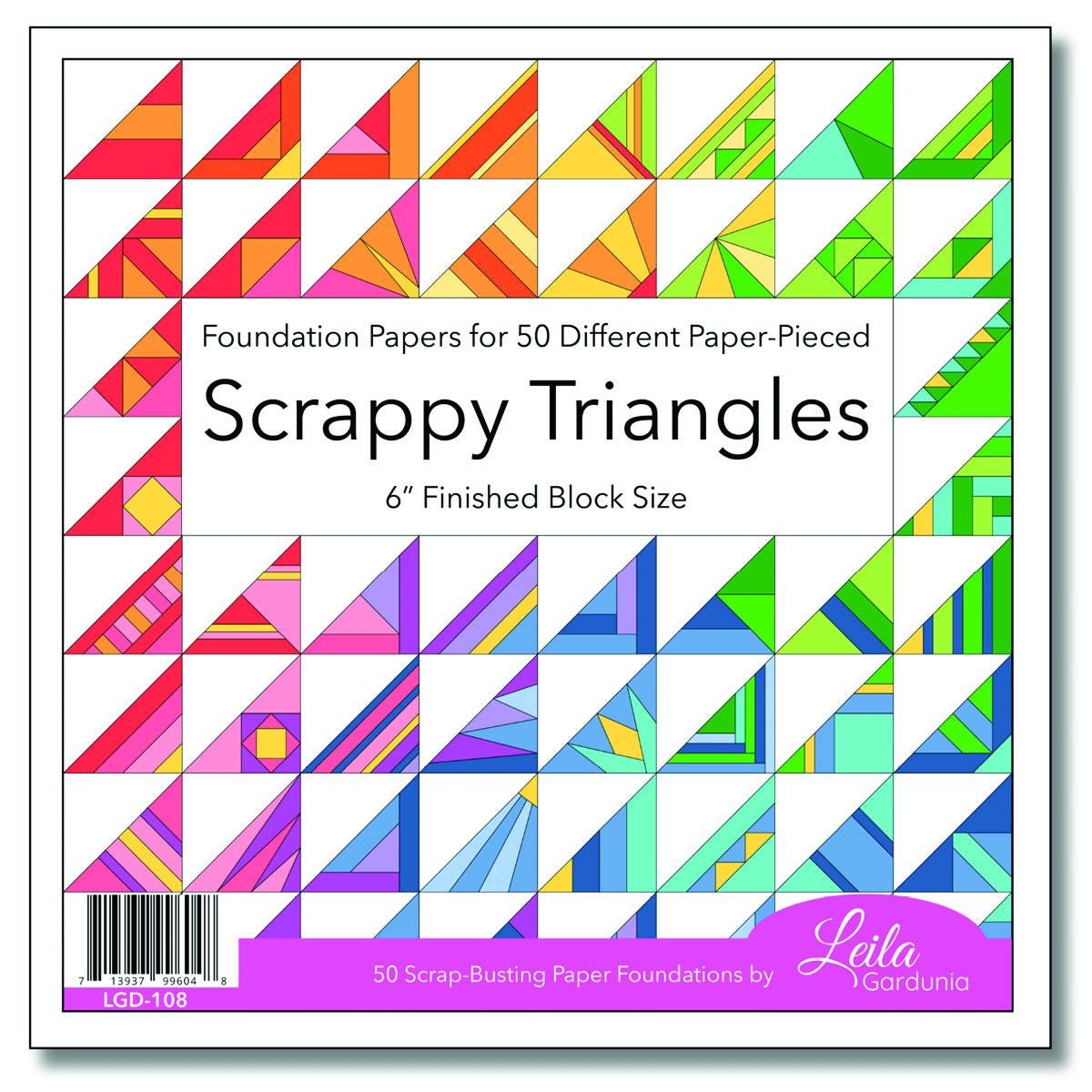 The pre-printed Scrappy Triangle foundation paper pieced pattern pad pad has 50 different Scrappy Triangle designs printed on lightweight foundation paper so they are easy to see through and remove. The Scrappy Triangle foundation pad includes  Supply/fabric requirements A link to an in-depth tutorial and video. Best for using your pile of scraps
