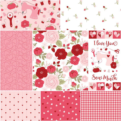 Designed by Dani Mogstad for Riley Blake Designs, the Sew in Love fabric collection is a romantic, sewing-themed line filled with whimsical motifs, vintage floral elements, and classic quilting patterns. Its warm, nostalgic palette features Blush, Pink, Rose, Red, and White