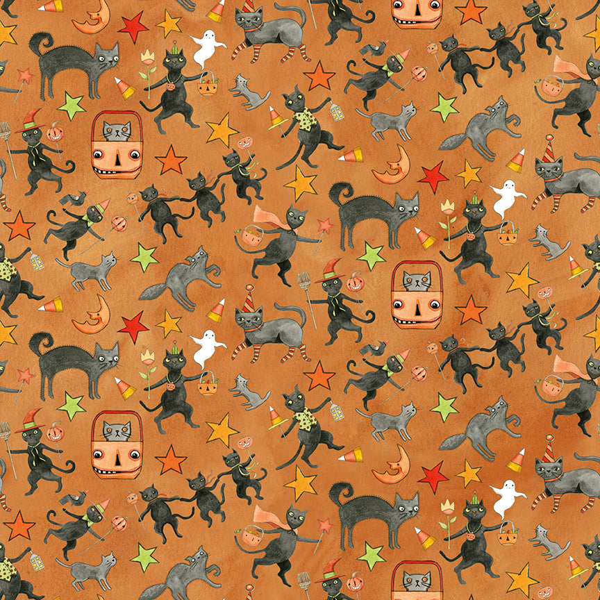 Fabric pattern Spooky Cats Orange: Dancing or walking black cats, often paired with floral or vine elements in a folk-art style from The Spooky fabric collection by Teresa Kogut for Riley Blake Designs  is a whimsical, folk-art-inspired Halloween line featuring ghosts, cats, pumpkins, and a haunted aesthetic in a palette of tombstone gray, rusty oak, green, black, and orange.