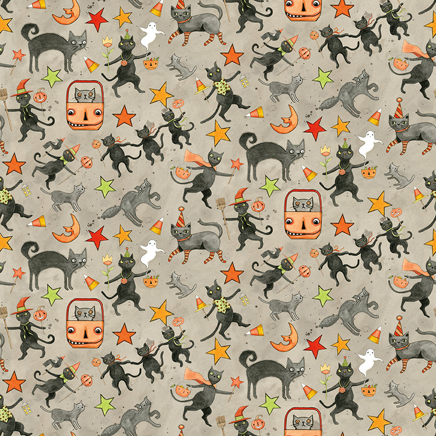 Fabric pattern Spooky Cats Gray: Dancing or walking black cats, often paired with floral or vine elements in a folk-art style from The Spooky fabric collection by Teresa Kogut for Riley Blake Designs  is a whimsical, folk-art-inspired Halloween line featuring ghosts, cats, pumpkins, and a haunted aesthetic in a palette of tombstone gray, rusty oak, green, black, and orange.