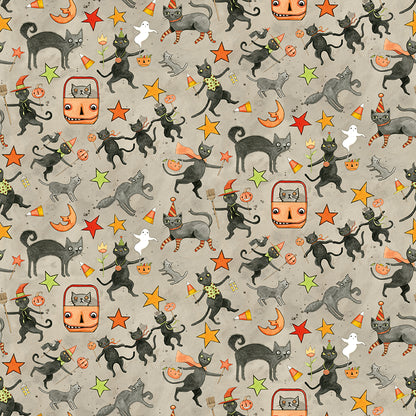 Fabric pattern Spooky Cats Gray: Dancing or walking black cats, often paired with floral or vine elements in a folk-art style from The Spooky fabric collection by Teresa Kogut for Riley Blake Designs  is a whimsical, folk-art-inspired Halloween line featuring ghosts, cats, pumpkins, and a haunted aesthetic in a palette of tombstone gray, rusty oak, green, black, and orange.