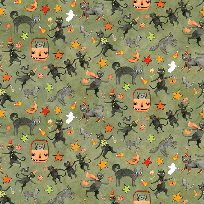 Fabric pattern Spooky Cats Green: Dancing or walking black cats, often paired with floral or vine elements in a folk-art style from The Spooky fabric collection by Teresa Kogut for Riley Blake Designs  is a whimsical, folk-art-inspired Halloween line featuring ghosts, cats, pumpkins, and a haunted aesthetic in a palette of tombstone gray, rusty oak, green, black, and orange.