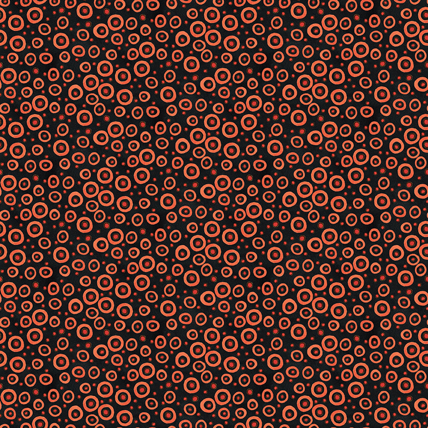 Fabric pattern Spooky Polka Dots (Black, Gray, Rusty Oak): A coordinating small-scale dot print  from The Spooky fabric collection by Teresa Kogut for Riley Blake Designs  is a whimsical, folk-art-inspired Halloween line featuring ghosts, cats, pumpkins, and a haunted aesthetic in a palette of tombstone gray, rusty oak, green, black, and orange.
