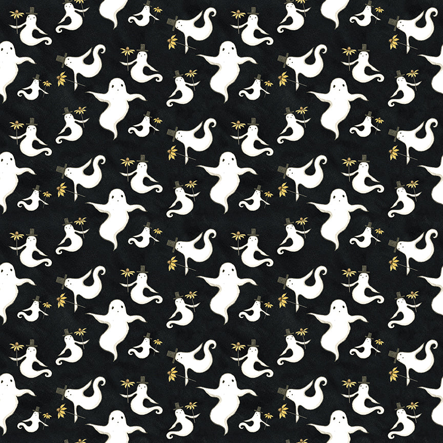 Fabric pattern Spooky Ghosts Black: Small-scale whimsical floating ghosts with top hats from The Spooky fabric collection by Teresa Kogut for Riley Blake Designs  is a whimsical, folk-art-inspired Halloween line featuring ghosts, cats, pumpkins, and a haunted aesthetic in a palette of tombstone gray, rusty oak, green, black, and orange.