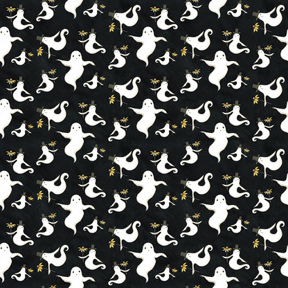 Fabric pattern Spooky Ghosts Black: Small-scale whimsical floating ghosts with top hats from The Spooky fabric collection by Teresa Kogut for Riley Blake Designs  is a whimsical, folk-art-inspired Halloween line featuring ghosts, cats, pumpkins, and a haunted aesthetic in a palette of tombstone gray, rusty oak, green, black, and orange.
