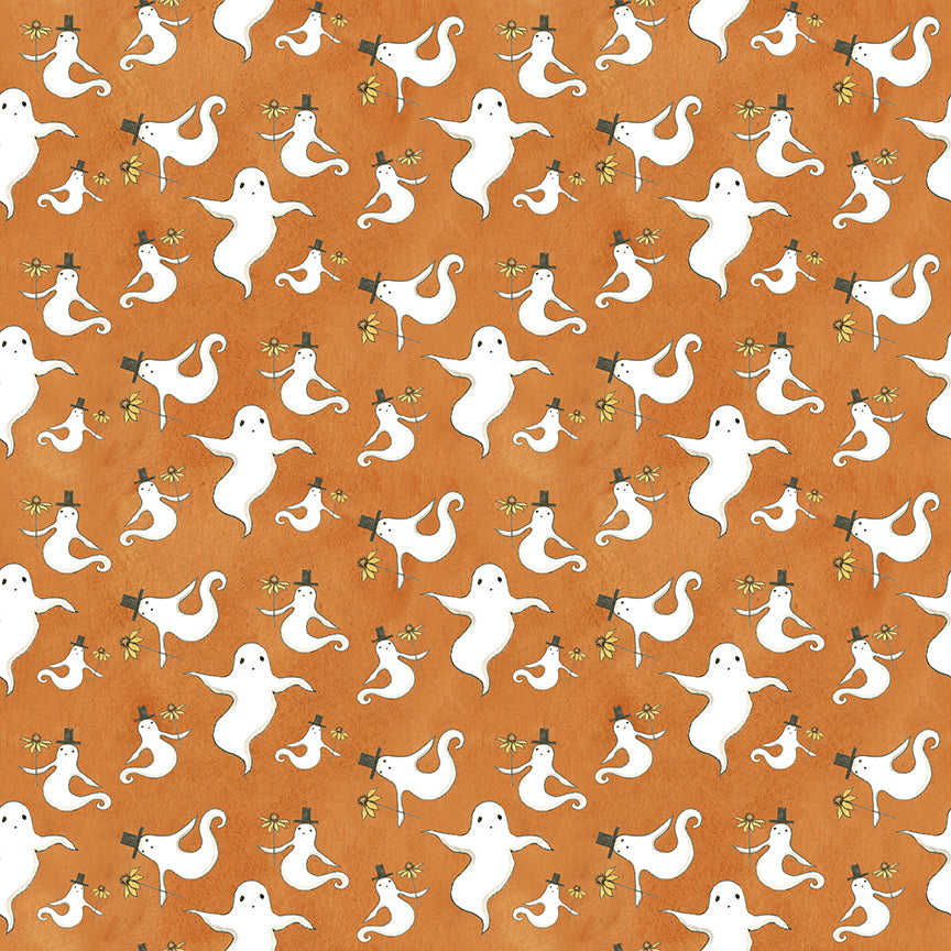 Fabric pattern Spooky Ghosts Orange: Small-scale whimsical floating ghosts with top hats from The Spooky fabric collection by Teresa Kogut for Riley Blake Designs  is a whimsical, folk-art-inspired Halloween line featuring ghosts, cats, pumpkins, and a haunted aesthetic in a palette of tombstone gray, rusty oak, green, black, and orange.