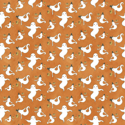 Fabric pattern Spooky Ghosts Orange: Small-scale whimsical floating ghosts with top hats from The Spooky fabric collection by Teresa Kogut for Riley Blake Designs  is a whimsical, folk-art-inspired Halloween line featuring ghosts, cats, pumpkins, and a haunted aesthetic in a palette of tombstone gray, rusty oak, green, black, and orange.
