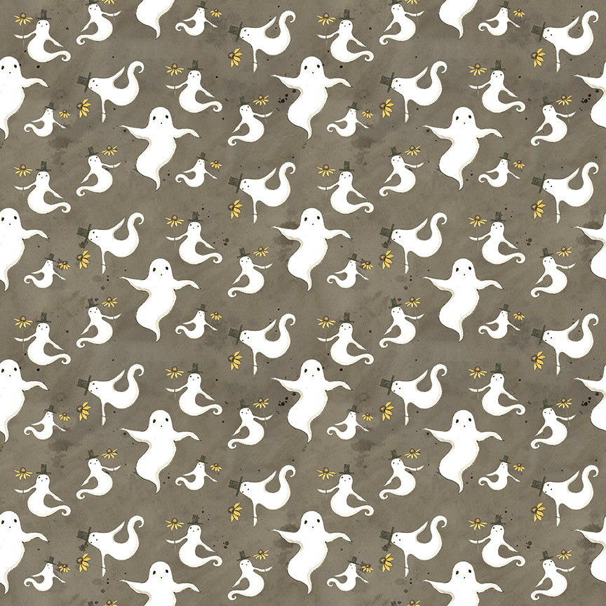 Fabric pattern Spooky Ghosts Tombstone: Small-scale whimsical floating ghosts with top hats from The Spooky fabric collection by Teresa Kogut for Riley Blake Designs  is a whimsical, folk-art-inspired Halloween line featuring ghosts, cats, pumpkins, and a haunted aesthetic in a palette of tombstone gray, rusty oak, green, black, and orange.