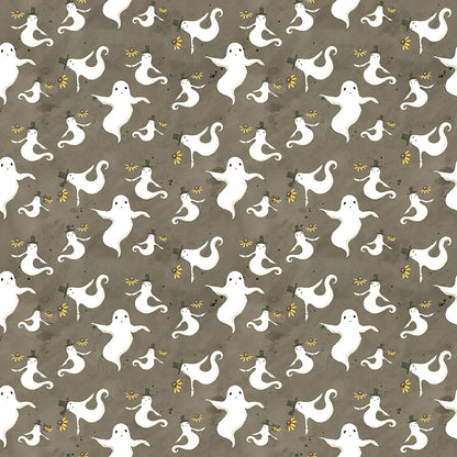 Fabric pattern Spooky Ghosts Tombstone: Small-scale whimsical floating ghosts with top hats from The Spooky fabric collection by Teresa Kogut for Riley Blake Designs  is a whimsical, folk-art-inspired Halloween line featuring ghosts, cats, pumpkins, and a haunted aesthetic in a palette of tombstone gray, rusty oak, green, black, and orange.