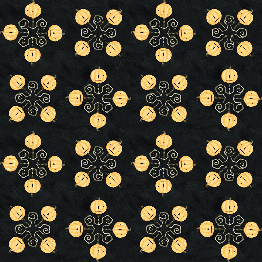 Fabric pattern Spooky Jacks Black: Classic Jack-o'-lantern faces from The Spooky fabric collection by Teresa Kogut for Riley Blake Designs  is a whimsical, folk-art-inspired Halloween line featuring ghosts, cats, pumpkins, and a haunted aesthetic in a palette of tombstone gray, rusty oak, green, black, and orange.