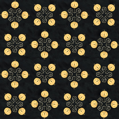 Fabric pattern Spooky Jacks Black: Classic Jack-o'-lantern faces from The Spooky fabric collection by Teresa Kogut for Riley Blake Designs  is a whimsical, folk-art-inspired Halloween line featuring ghosts, cats, pumpkins, and a haunted aesthetic in a palette of tombstone gray, rusty oak, green, black, and orange.