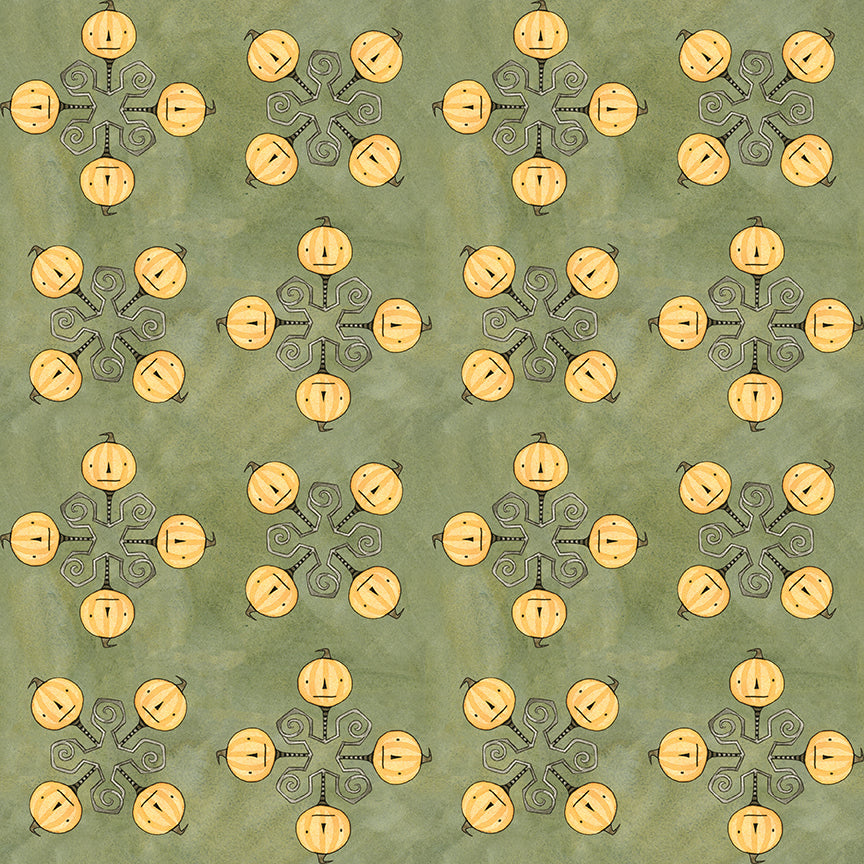 Fabric pattern Spooky Jacks Green: Classic Jack-o'-lantern faces from he Spooky fabric collection by Teresa Kogut for Riley Blake Designs  is a whimsical, folk-art-inspired Halloween line featuring ghosts, cats, pumpkins, and a haunted aesthetic in a palette of tombstone gray, rusty oak, green, black, and orange.