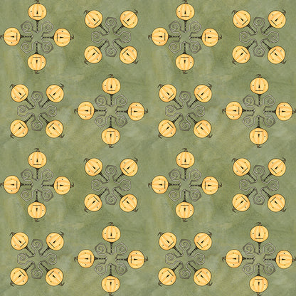 Fabric pattern Spooky Jacks Green: Classic Jack-o'-lantern faces from he Spooky fabric collection by Teresa Kogut for Riley Blake Designs  is a whimsical, folk-art-inspired Halloween line featuring ghosts, cats, pumpkins, and a haunted aesthetic in a palette of tombstone gray, rusty oak, green, black, and orange.