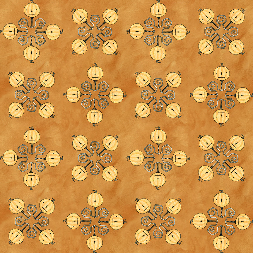 Fabric pattern Spooky Jacks Orange: Classic Jack-o'-lantern faces from The Spooky fabric collection by Teresa Kogut for Riley Blake Designs  is a whimsical, folk-art-inspired Halloween line featuring ghosts, cats, pumpkins, and a haunted aesthetic in a palette of tombstone gray, rusty oak, green, black, and orange.