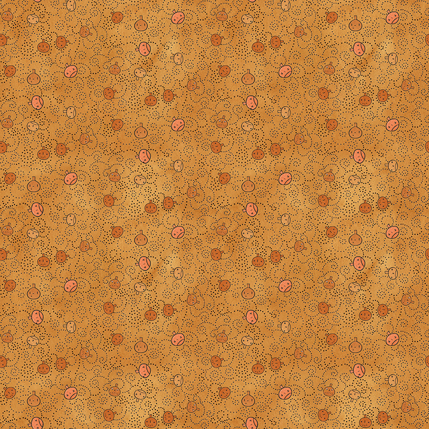 Fabric pattern Spooky Pumpkins (Gourd, Gray, Green): A scatter print of various sized pumpkins and gourds. from The Spooky fabric collection by Teresa Kogut for Riley Blake Designs  is a whimsical, folk-art-inspired Halloween line featuring ghosts, cats, pumpkins, and a haunted aesthetic in a palette of tombstone gray, rusty oak, green, black, and orange.