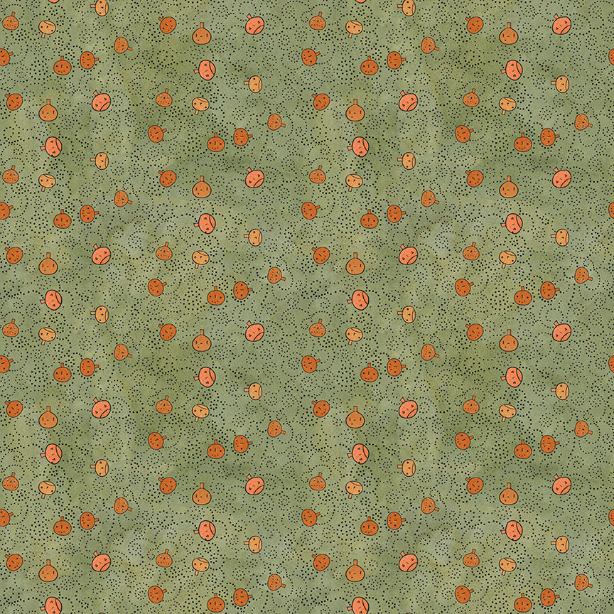 Fabric pattern Spooky Pumpkins (Gourd, Gray, Green): A scatter print of various sized pumpkins and gourds. from The Spooky fabric collection by Teresa Kogut for Riley Blake Designs  is a whimsical, folk-art-inspired Halloween line featuring ghosts, cats, pumpkins, and a haunted aesthetic in a palette of tombstone gray, rusty oak, green, black, and orange.